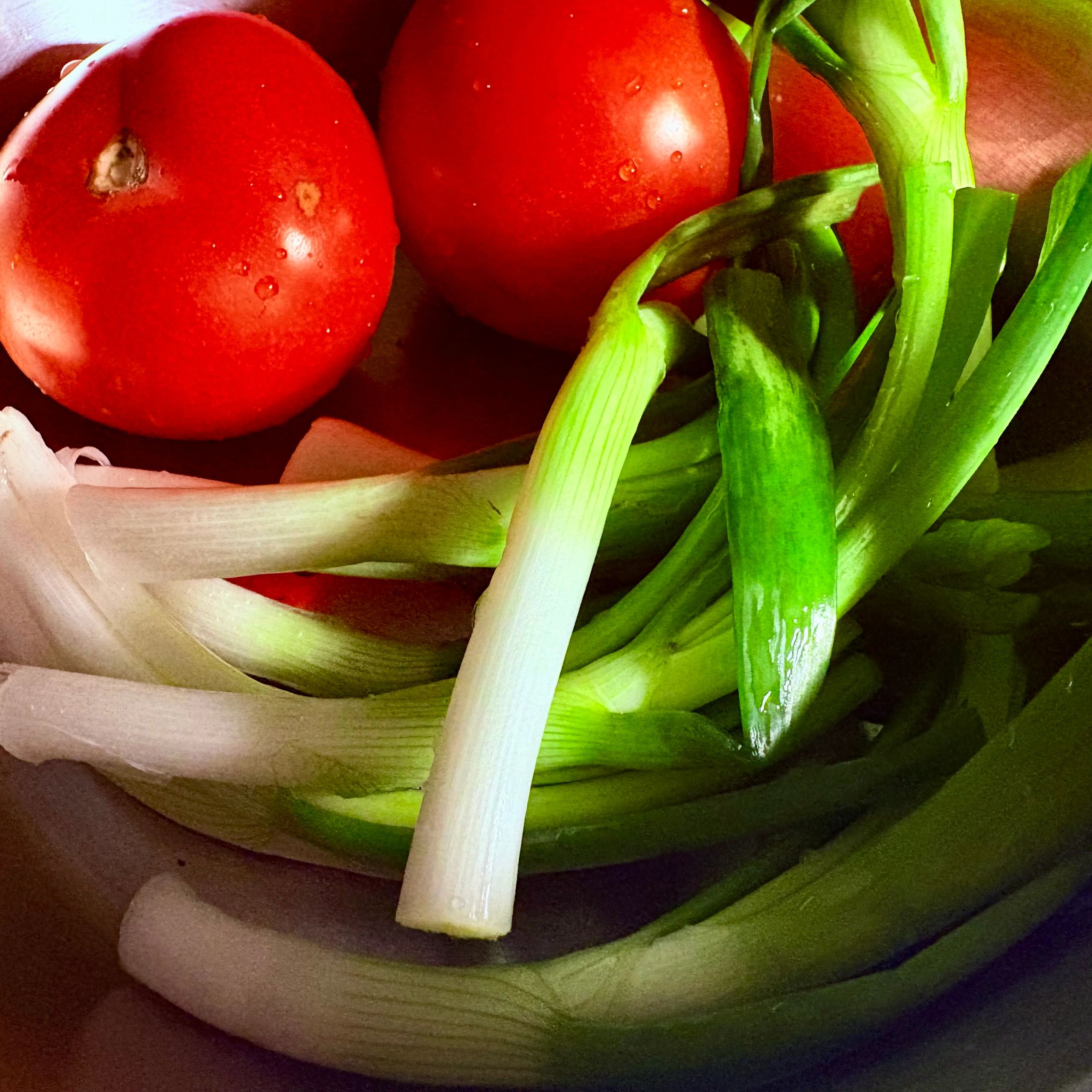 Freshly picked tomatoes and spring onions close-up